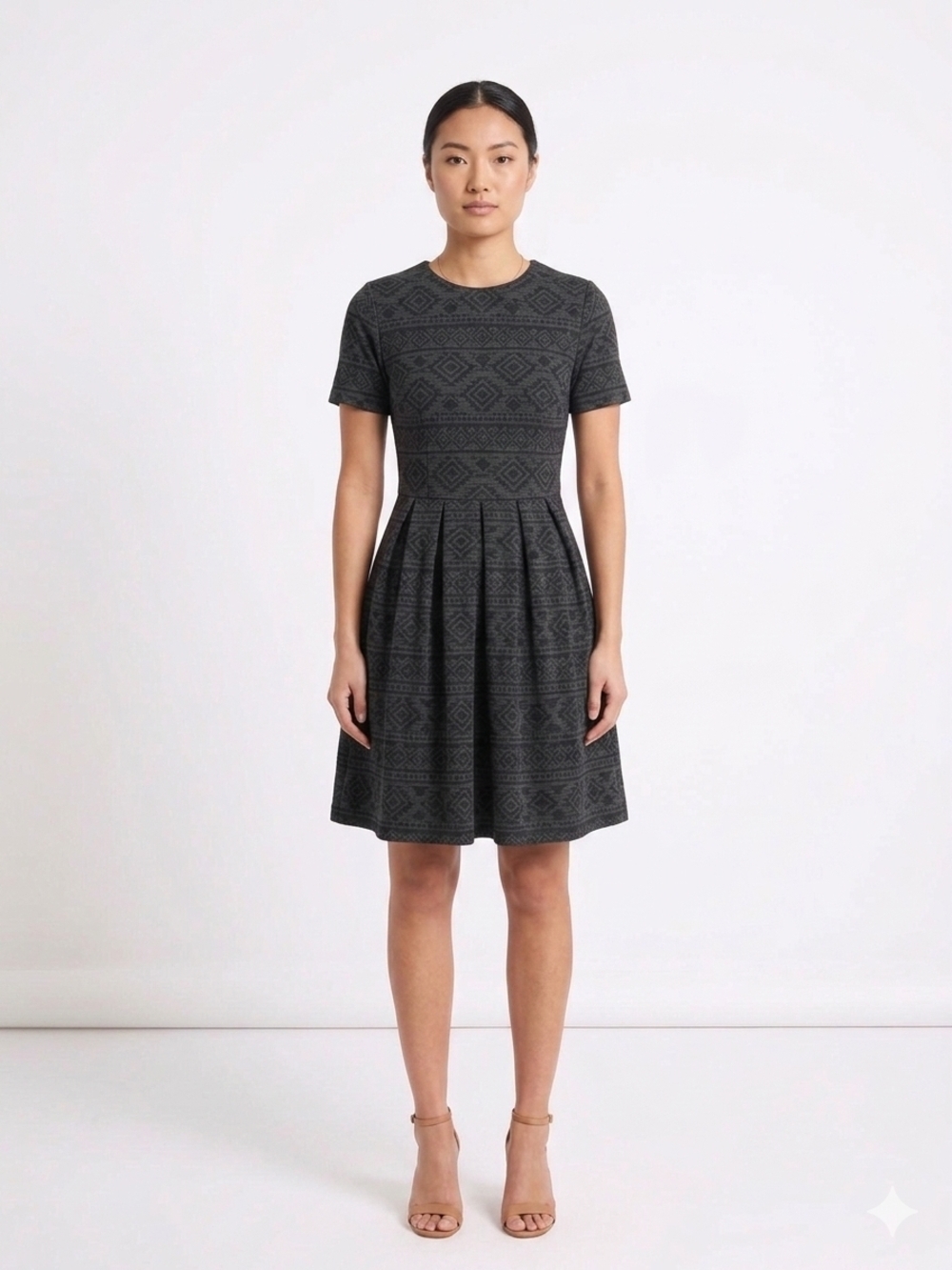 Short Sleeve A-Line Knit Dress in Charcoal Gray